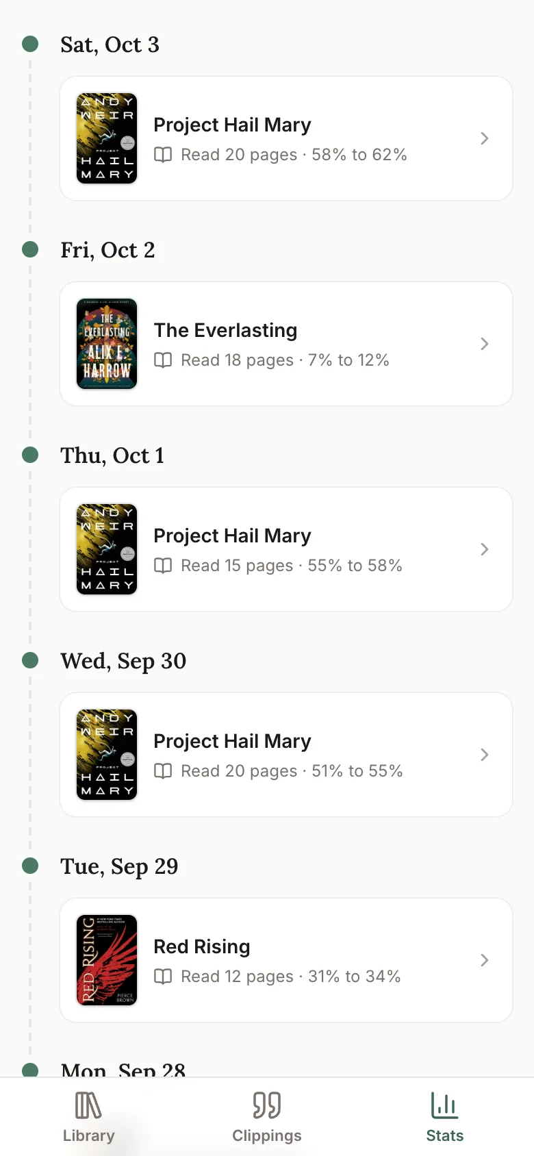 Your reading timeline in the CrossPoint Sync app